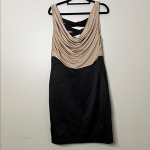 Sleeveless Draped Neck Two-Tone Cocktail Dress - Beige and Black